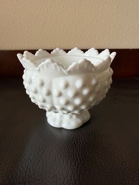 Vintage Fenton Hobnail Milk Glass Pedestal Candle Bowl Featuring a Scalloped Rim